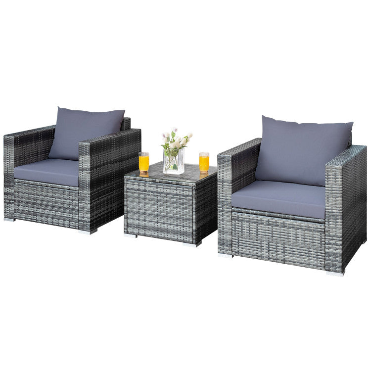 3-Piece Patio Rattan Furniture Bistro Sofa Set with Cushioned