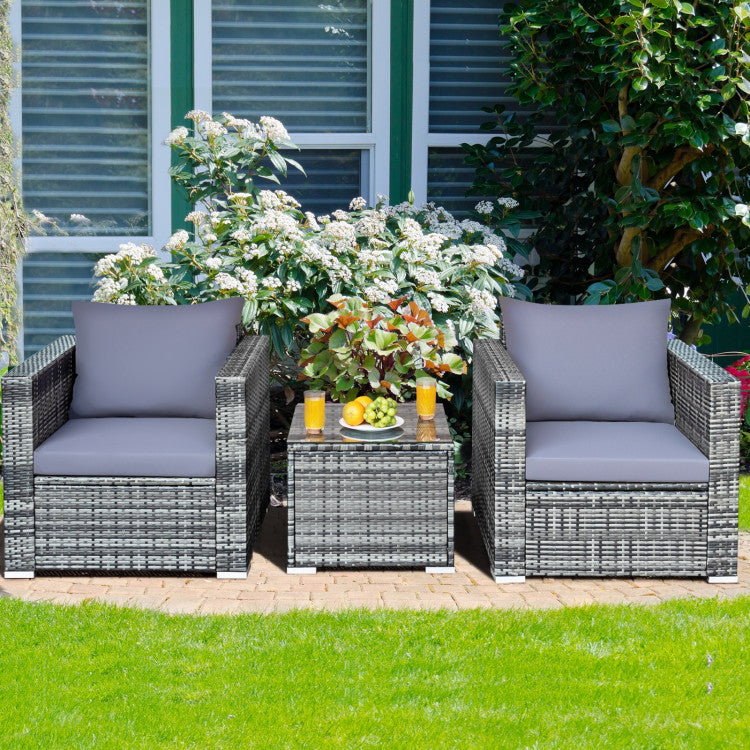 3-Piece Patio Rattan Furniture Bistro Sofa Set with Cushioned