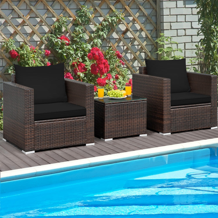 3-Piece Patio Conversation Rattan Furniture Set with Cushion