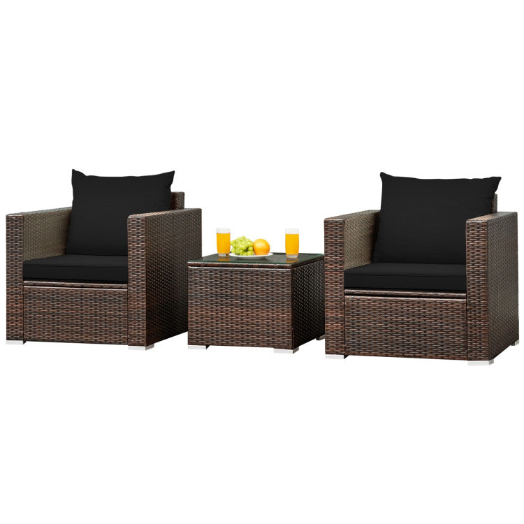 3-Piece Patio Conversation Rattan Furniture Set with Cushion