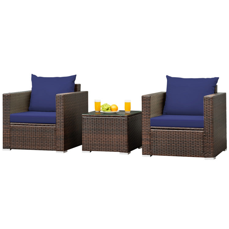 3-Piece Patio Conversation Rattan Furniture Set with Cushion