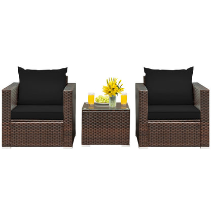 3-Piece Patio Conversation Rattan Furniture Set with Cushion