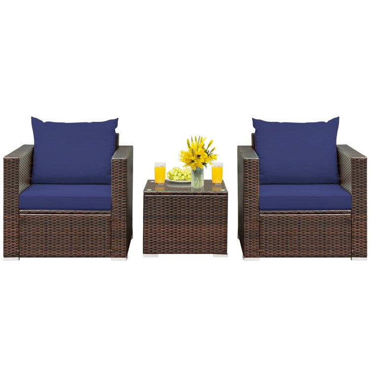 3-Piece Patio Conversation Rattan Furniture Set with Cushion