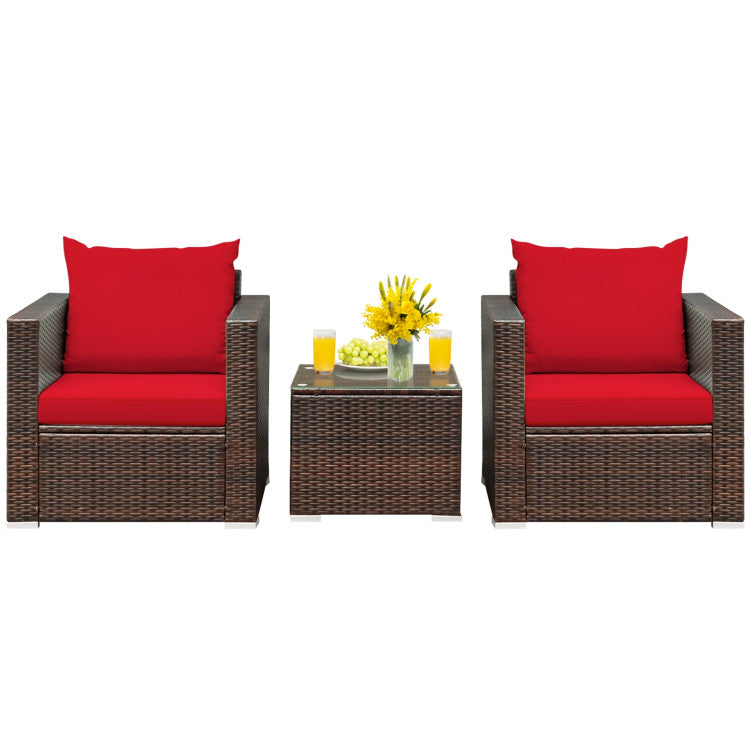 3-Piece Patio Conversation Rattan Furniture Set with Cushion