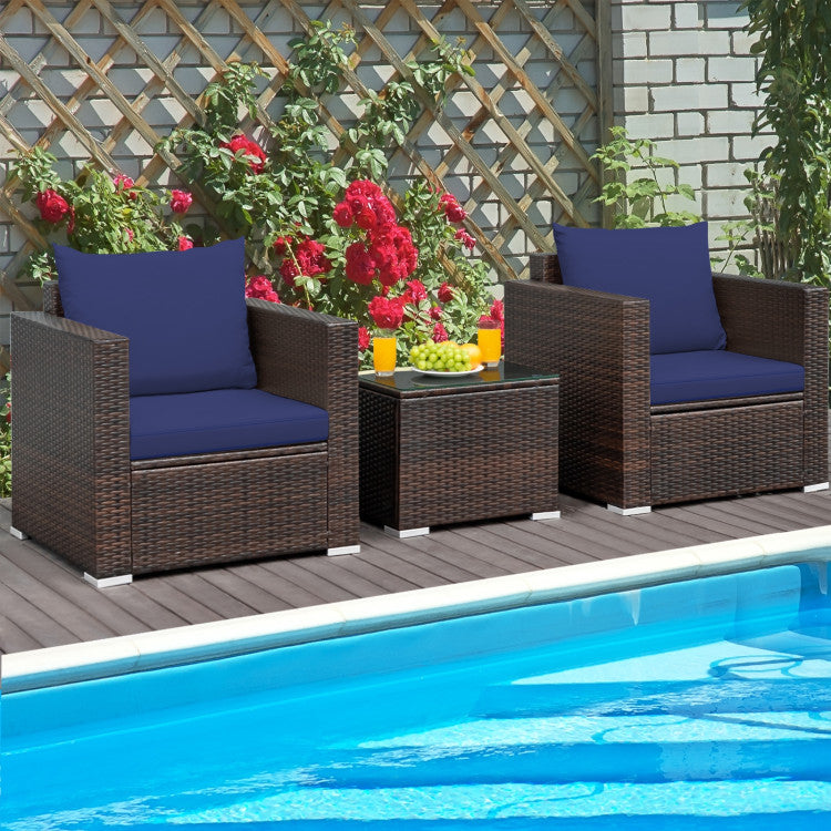 3-Piece Patio Conversation Rattan Furniture Set with Cushion