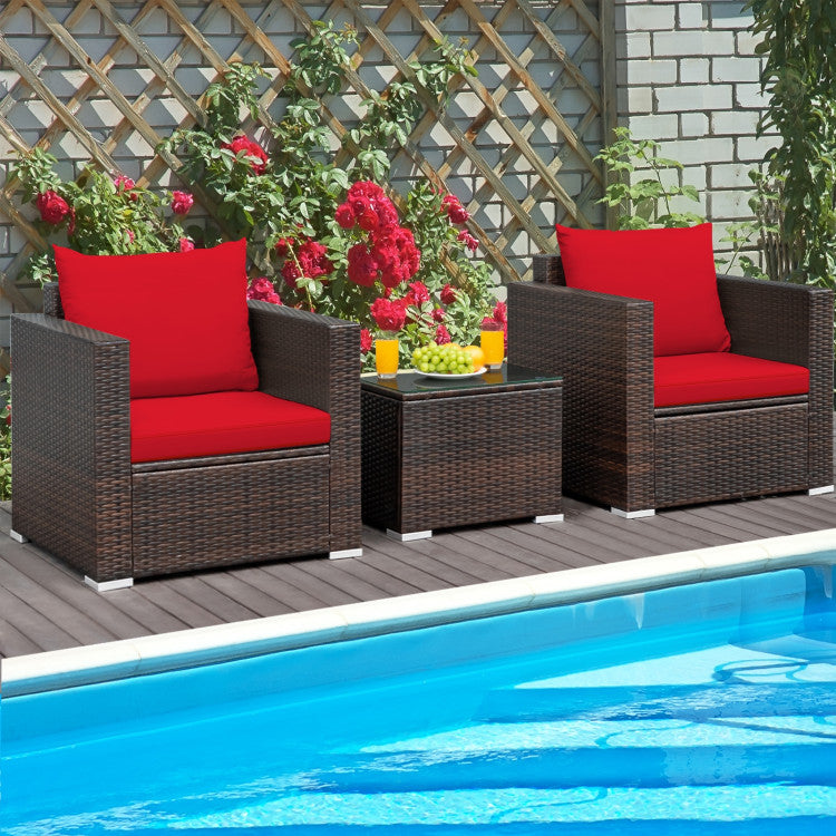 3-Piece Patio Conversation Rattan Furniture Set with Cushion