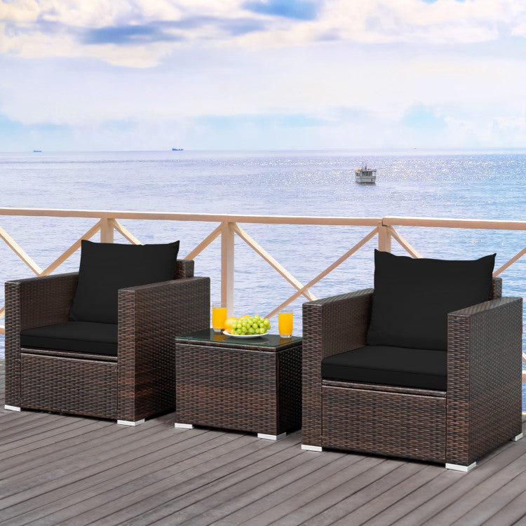 3-Piece Patio Conversation Rattan Furniture Set with Cushion