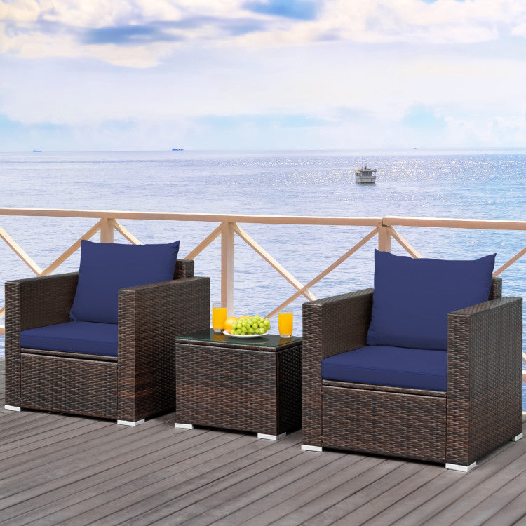 3-Piece Patio Conversation Rattan Furniture Set with Cushion