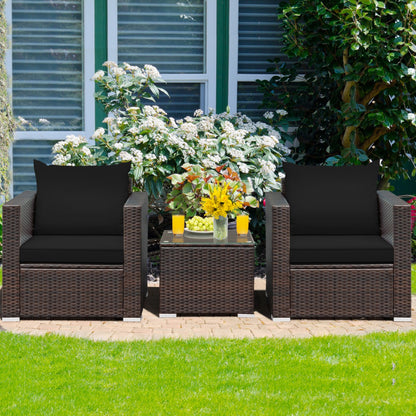 3-Piece Patio Conversation Rattan Furniture Set with Cushion