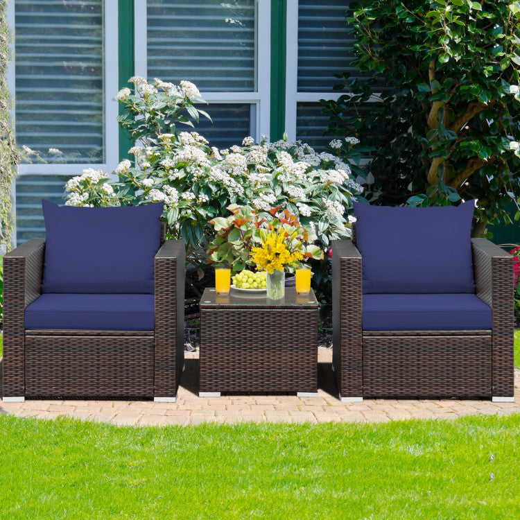 3-Piece Patio Conversation Rattan Furniture Set with Cushion