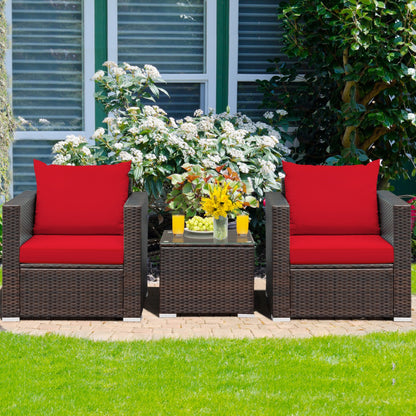 3-Piece Patio Conversation Rattan Furniture Set with Cushion