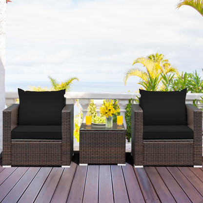 3-Piece Patio Conversation Rattan Furniture Set with Cushion