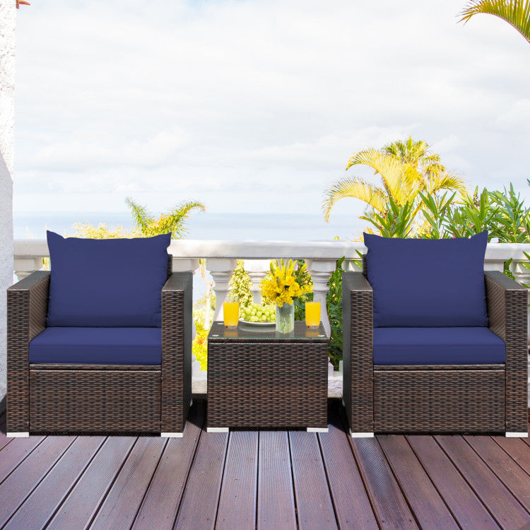 3-Piece Patio Conversation Rattan Furniture Set with Cushion