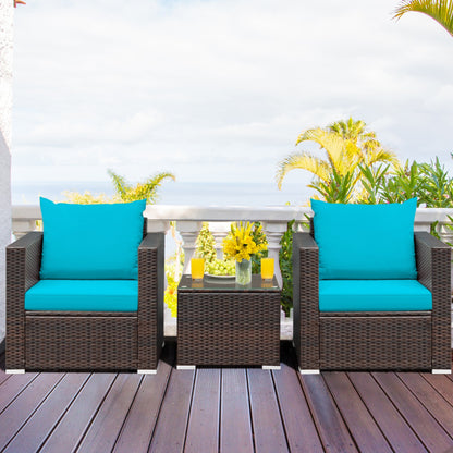 3-Piece Patio Conversation Rattan Furniture Set with Cushion