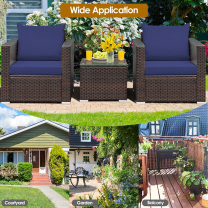 3-Piece Patio Conversation Rattan Furniture Set with Cushion