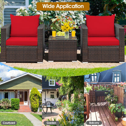 3-Piece Patio Conversation Rattan Furniture Set with Cushion