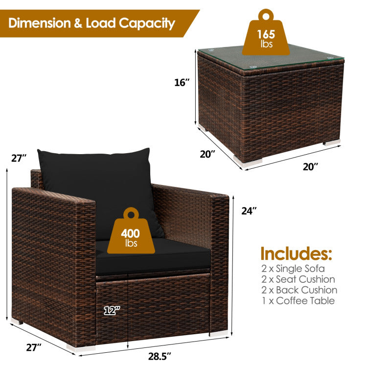 3-Piece Patio Conversation Rattan Furniture Set with Cushion