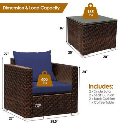 3-Piece Patio Conversation Rattan Furniture Set with Cushion