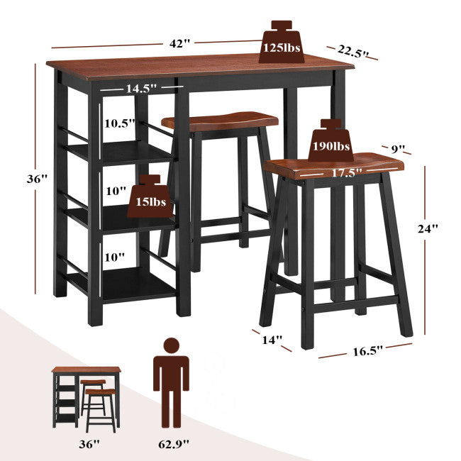 3 Piece Counter Height Dining Table Set with 2 Saddle Stools and Storage Shelves