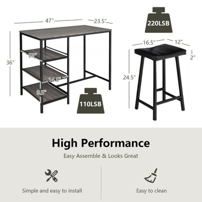 3 Pieces Counter Height Dining Bar Table Set with 2 Stools and 3 Storage Shelves