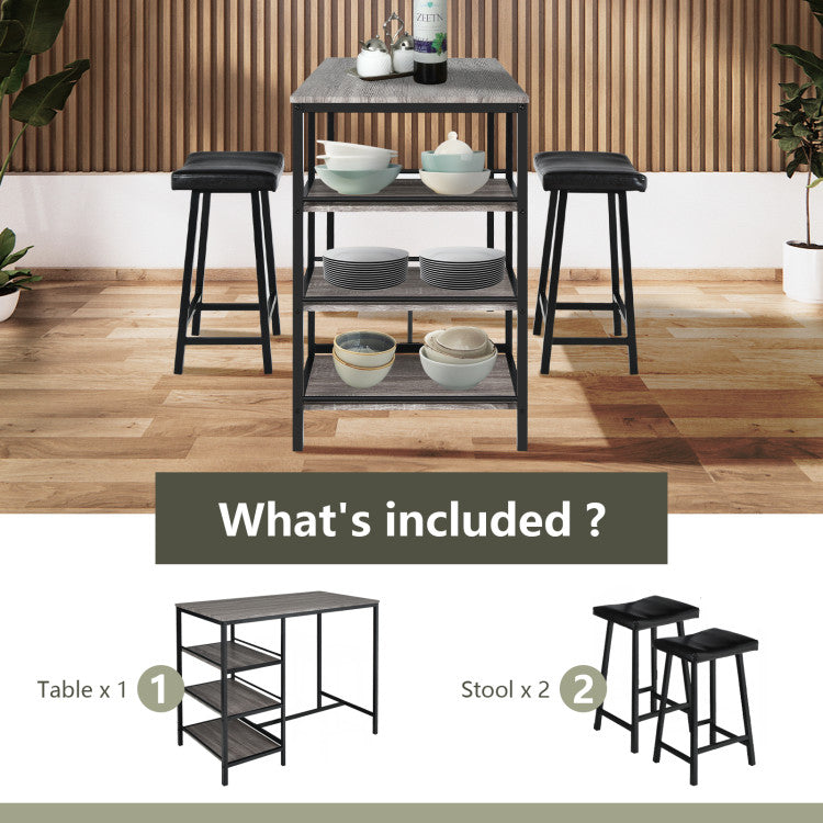 3 Pieces Counter Height Dining Bar Table Set with 2 Stools and 3 Storage Shelves