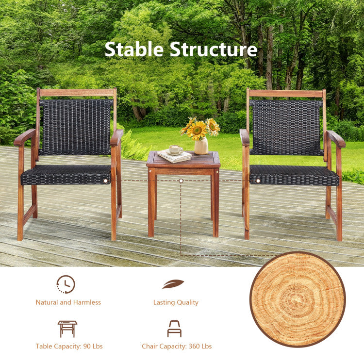 3-Piece Acacia Wood Framed Rattan Bistro Set