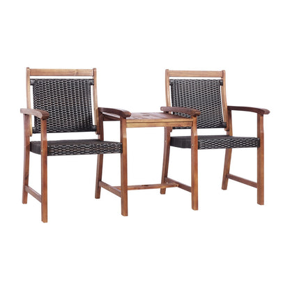 2-Seat Patio Rattan Acacia Wood Table with Umbrella Hole