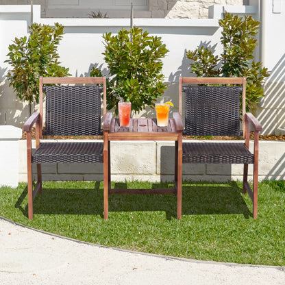 2-Seat Patio Rattan Acacia Wood Table with Umbrella Hole