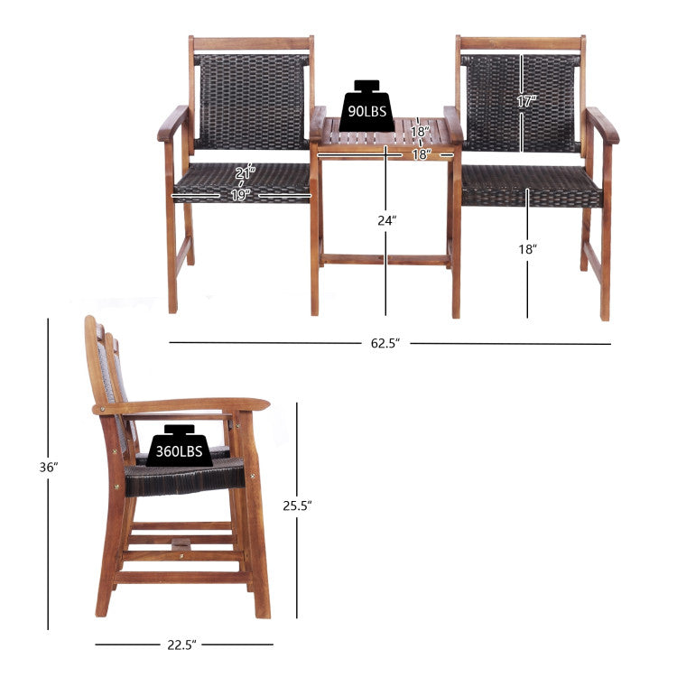 2-Seat Patio Rattan Acacia Wood Table with Umbrella Hole