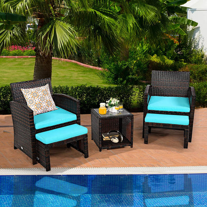 5 Pieces Patio Rattan Furniture Set with Ottoman and Tempered Glass Coffee Table
