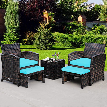 5 Pieces Patio Rattan Furniture Set with Ottoman and Tempered Glass Coffee Table