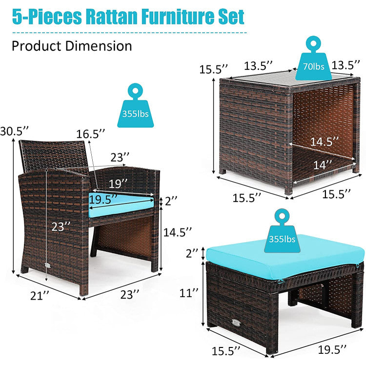 5 Pieces Patio Rattan Furniture Set with Ottoman and Tempered Glass Coffee Table