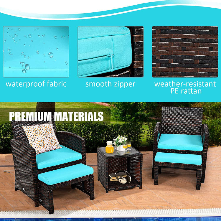 5 Pieces Patio Rattan Furniture Set with Ottoman and Tempered Glass Coffee Table