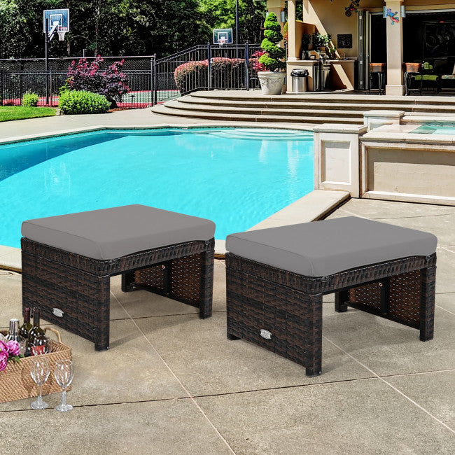 2 Pieces Cushioned Patio Rattan Ottoman Foot Rest