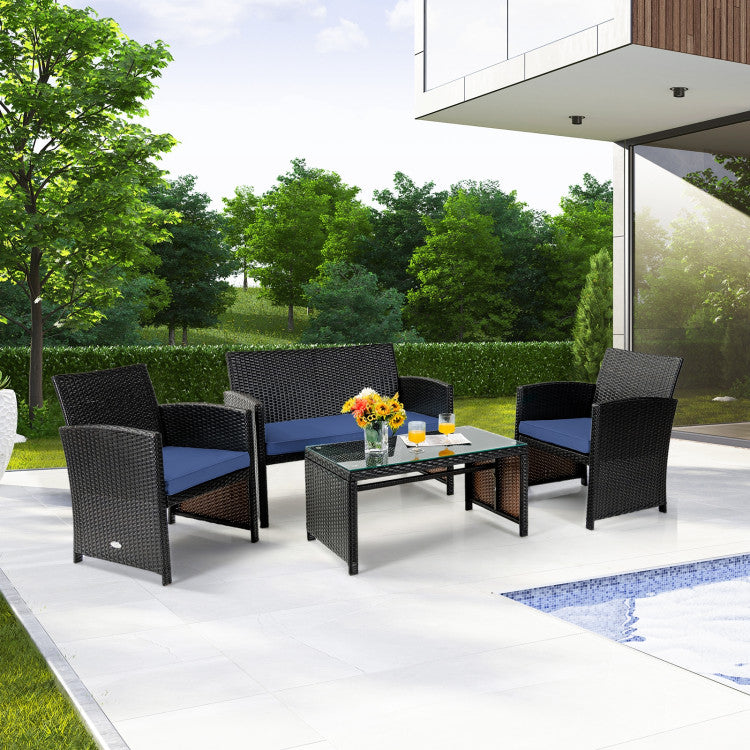 4 Piece Patio Rattan Cushioned Furniture Set