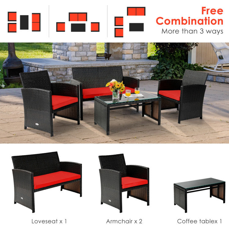 4 Piece Patio Rattan Cushioned Furniture Set