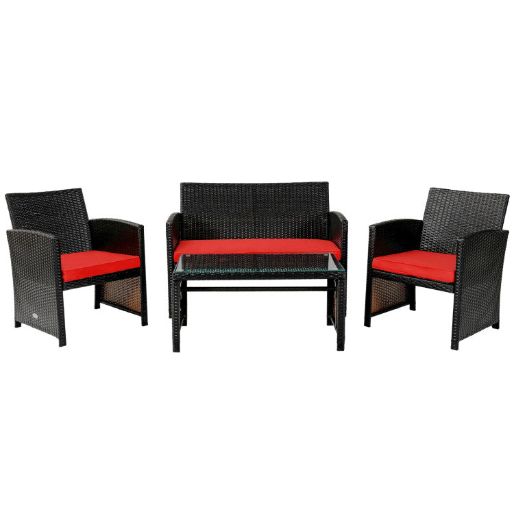 4 Piece Patio Rattan Cushioned Furniture Set