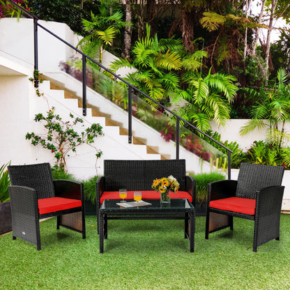 4 Piece Patio Rattan Cushioned Furniture Set