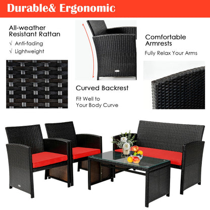 4 Piece Patio Rattan Cushioned Furniture Set