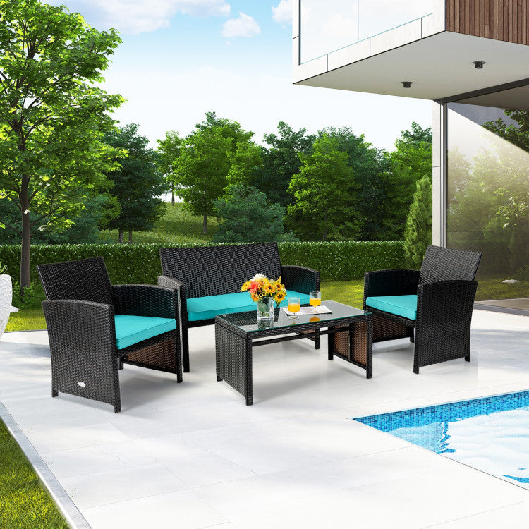 4 Piece Patio Rattan Cushioned Furniture Set