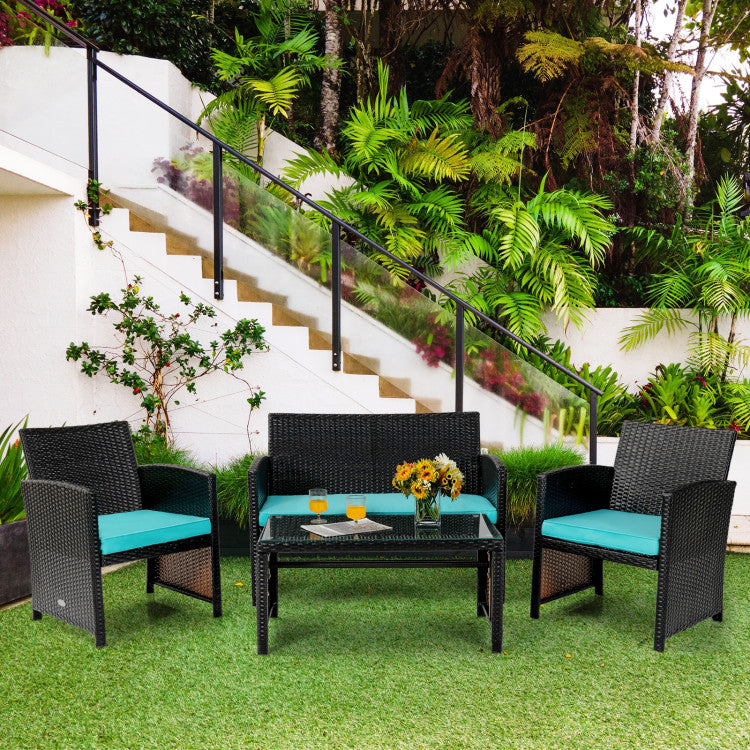 4 Piece Patio Rattan Cushioned Furniture Set