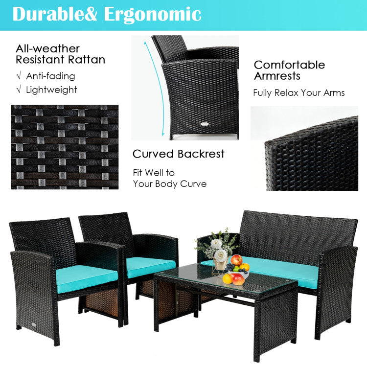 4 Piece Patio Rattan Cushioned Furniture Set