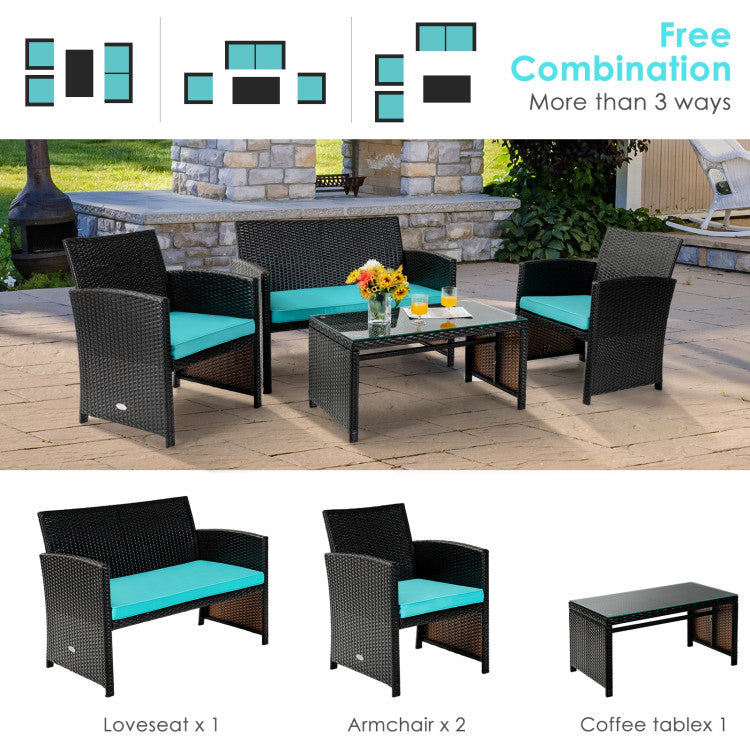 4 Piece Patio Rattan Cushioned Furniture Set