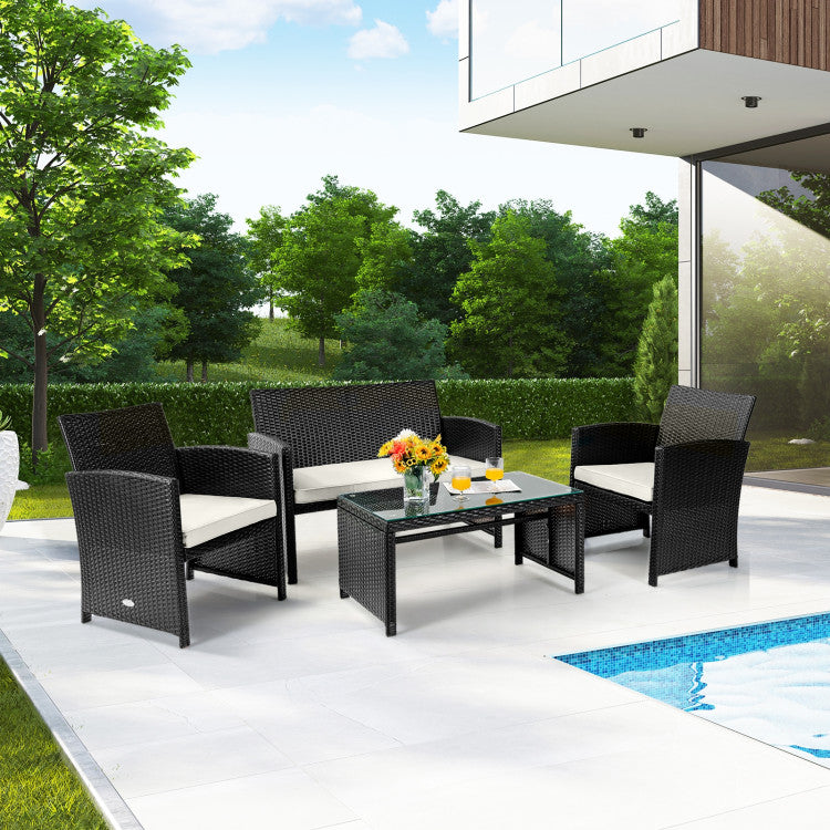 4 Piece Patio Rattan Cushioned Furniture Set