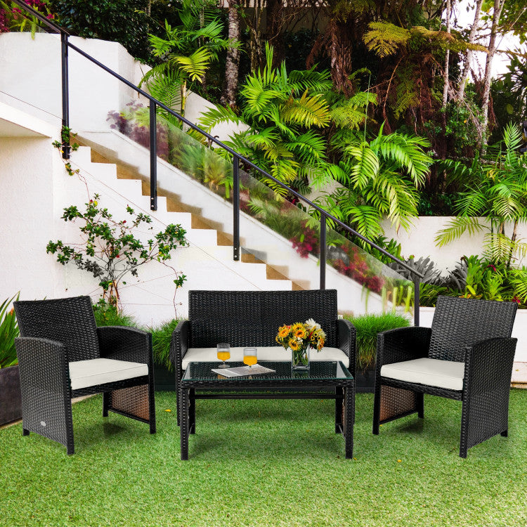 4 Piece Patio Rattan Cushioned Furniture Set