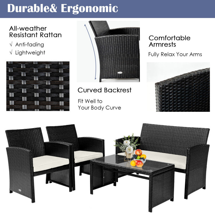 4 Piece Patio Rattan Cushioned Furniture Set