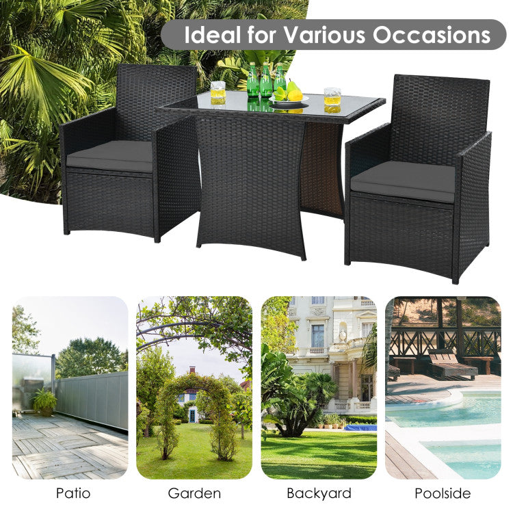 3-Piece Patio Rattan Furniture Set with Cushion and Sofa Armrest