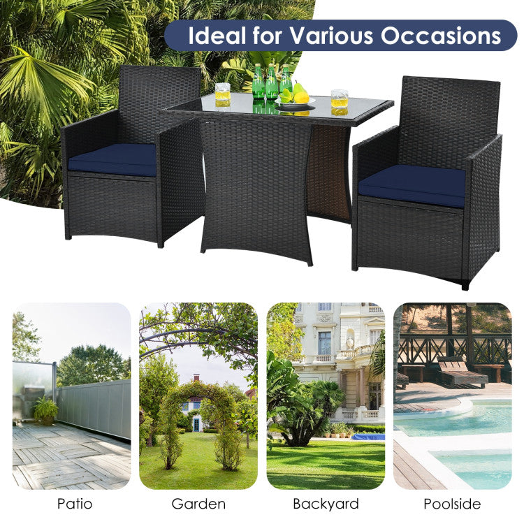 3-Piece Patio Rattan Furniture Set with Cushion and Sofa Armrest