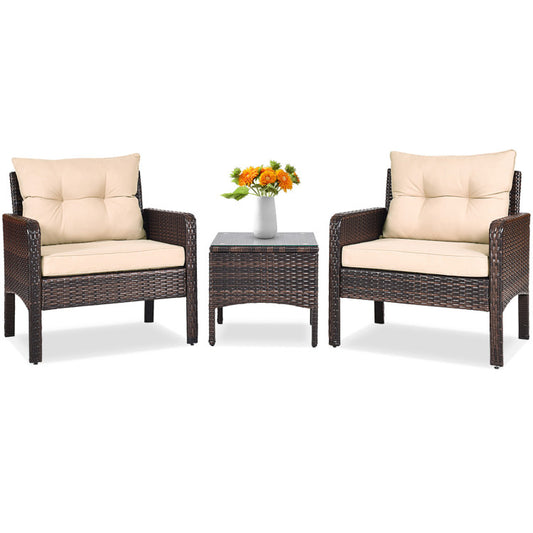 3-Piece Outdoor Patio Rattan Conversation Set with Seat Cushions