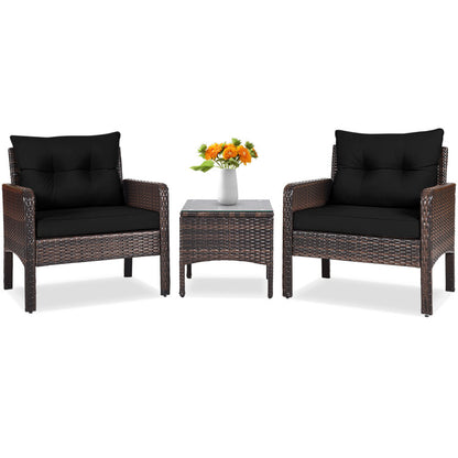 3-Piece Outdoor Patio Rattan Conversation Set with Seat Cushions